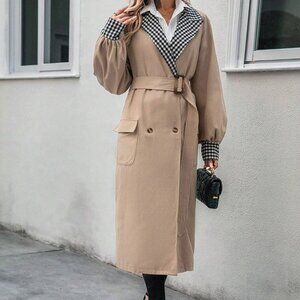 Tan Preppy Womens Gingham Panel Double Breasted Belted Trench Coat